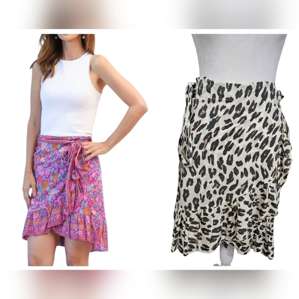 Sea Lustre Honey Leopard Print Ruffle Wrap Mini Skirt S/M